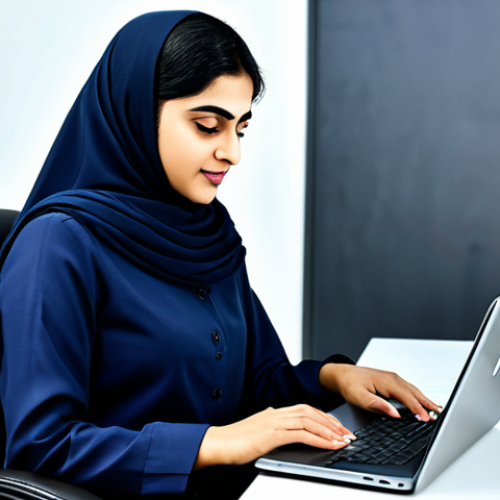 Home 4 Modern Businesswoman in Karachi**
"A professional Pakistani businesswoman in a modest shalwar kameez suit, working on a laptop at a sleek desk in a modern Karachi office, fully clothed, appropriate attire, safe for work, perfect anatomy, natural proportions, professional digital art, high quality, family-friendly."
**
