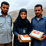 예멘에서의 NGO 활동 - **Image:** A diverse group of aid workers (male and female) distributing food packages to Yemeni fam...