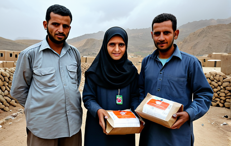 예멘에서의 NGO 활동 - **Image:** A diverse group of aid workers (male and female) distributing food packages to Yemeni fam...