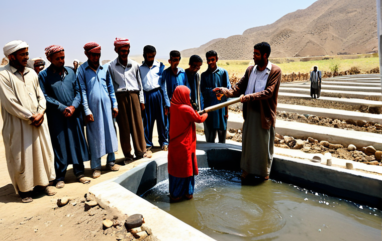 예멘에서의 NGO 활동 - **Image:** A diverse group of aid workers (male and female) distributing food packages to Yemeni fam...