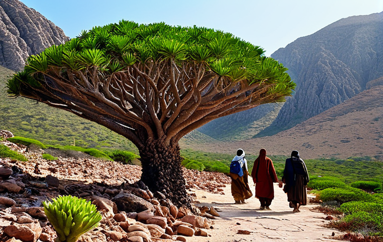 예멘 소코트라 섬 생태계 - **Prompt:** "A wide, safe for work landscape view of Socotra Island, showcasing the unique Dragon Bl...